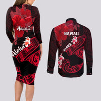 Hawaii Maui Couples Matching Long Sleeve Bodycon Dress and Long Sleeve Button Shirts Polynesian Fish Hook Hibiscus Red Version LT05 - Polynesian Pride