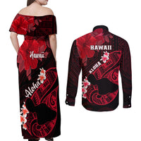 Hawaii Maui Couples Matching Off Shoulder Maxi Dress and Long Sleeve Button Shirts Polynesian Fish Hook Hibiscus Red Version LT05 - Polynesian Pride