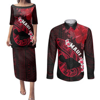 Hawaii Maui Couples Matching Puletasi Dress and Long Sleeve Button Shirts Polynesian Fish Hook Hibiscus Red Version LT05 Red - Polynesian Pride