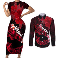 Hawaii Maui Couples Matching Short Sleeve Bodycon Dress and Long Sleeve Button Shirts Polynesian Fish Hook Hibiscus Red Version LT05 Red - Polynesian Pride