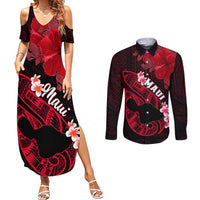 Hawaii Maui Couples Matching Summer Maxi Dress and Long Sleeve Button Shirts Polynesian Fish Hook Hibiscus Red Version LT05 Red - Polynesian Pride