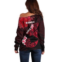 Hawaii Maui Off Shoulder Sweater Polynesian Fish Hook Hibiscus Red Version LT05 - Polynesian Pride