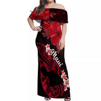 Personalized Hawaii Maui Off Shoulder Maxi Dress Polynesian Fish Hook Hibiscus Red Version LT05 Women Red - Polynesian Pride