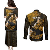 Hawaii Maui Couples Matching Puletasi Dress and Long Sleeve Button Shirts Polynesian Fish Hook Hibiscus Gold Version LT05 - Polynesian Pride
