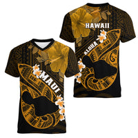 Hawaii Maui Women V Neck T Shirt Polynesian Fish Hook Hibiscus Gold Version LT05 - Polynesian Pride