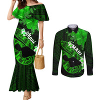 Hawaii Maui Couples Matching Mermaid Dress and Long Sleeve Button Shirts Polynesian Fish Hook Hibiscus Green Version LT05 Green - Polynesian Pride