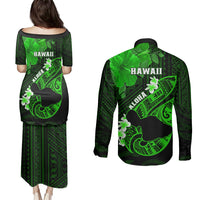 Hawaii Maui Couples Matching Puletasi Dress and Long Sleeve Button Shirts Polynesian Fish Hook Hibiscus Green Version LT05 - Polynesian Pride