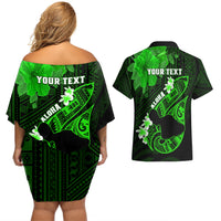 Personalized Hawaii Maui Couples Matching Off Shoulder Short Dress and Hawaiian Shirt Polynesian Fish Hook Hibiscus Green Version LT05 - Polynesian Pride