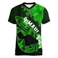 Personalized Hawaii Maui Women V Neck T Shirt Polynesian Fish Hook Hibiscus Green Version LT05 Female Green - Polynesian Pride