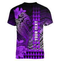 Personalized Hawaii Women V Neck T Shirt Hammerhead Shark Kakau Polynesian Tribal Purple LT05 - Polynesian Pride