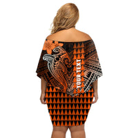 Personalized Hawaii Off Shoulder Short Dress Hammerhead Shark Kakau Polynesian Tribal Orange LT05 - Polynesian Pride