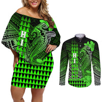 Personalized Hawaii Couples Matching Off Shoulder Short Dress and Long Sleeve Button Shirts Hammerhead Shark Kakau Polynesian Tribal Green LT05 Green - Polynesian Pride