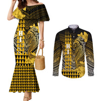 Personalized Hawaii Couples Matching Mermaid Dress and Long Sleeve Button Shirts Hammerhead Shark Kakau Polynesian Tribal Gold LT05 Gold - Polynesian Pride