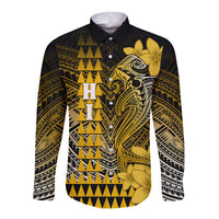 Personalized Hawaii Long Sleeve Button Shirt Hammerhead Shark Kakau Polynesian Tribal Gold LT05 Unisex Gold - Polynesian Pride
