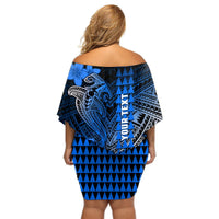 Personalized Hawaii Off Shoulder Short Dress Hammerhead Shark Kakau Polynesian Tribal Blue LT05 - Polynesian Pride