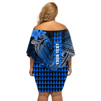 Personalized Hawaii Off Shoulder Short Dress Hammerhead Shark Kakau Polynesian Tribal Blue LT05 - Polynesian Pride