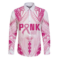 Breast Cancer Pink Out Family Matching Summer Maxi Dress and Hawaiian Shirt Polynesian Art Tattoo White Version LT05 Dad's Shirt - Long Sleeve White - Polynesian Pride