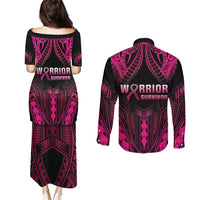 Breast Cancer Pink Out Couples Matching Puletasi and Long Sleeve Button Shirt Polynesian Art Tattoo Black Version LT05 - Polynesian Pride