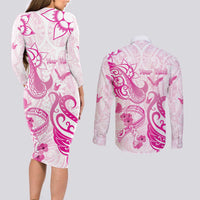 Personalised Breast Cancer Awareness Couples Matching Long Sleeve Bodycon Dress and Long Sleeve Button Shirt Ribbon Polynesian Pattern White Version LT05 - Polynesian Pride