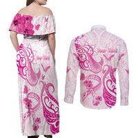 Personalised Breast Cancer Awareness Couples Matching Off Shoulder Maxi Dress and Long Sleeve Button Shirt Ribbon Polynesian Pattern White Version LT05 - Polynesian Pride