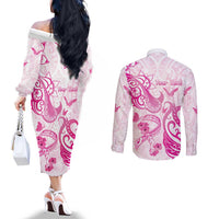 Personalised Breast Cancer Awareness Couples Matching Off The Shoulder Long Sleeve Dress and Long Sleeve Button Shirt Ribbon Polynesian Pattern White Version LT05 - Polynesian Pride