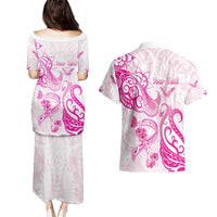 Personalised Breast Cancer Awareness Couples Matching Puletasi and Hawaiian Shirt Ribbon Polynesian Pattern White Version LT05 - Polynesian Pride