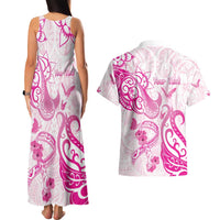 Personalised Breast Cancer Awareness Couples Matching Tank Maxi Dress and Hawaiian Shirt Ribbon Polynesian Pattern White Version LT05 - Polynesian Pride