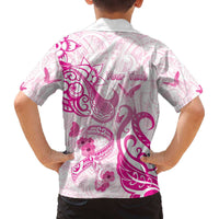 Personalised Breast Cancer Awareness Family Matching Off The Shoulder Long Sleeve Dress and Hawaiian Shirt Ribbon Polynesian Pattern White Version