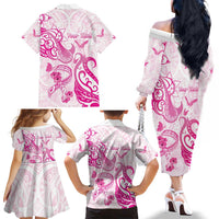 Personalised Breast Cancer Awareness Family Matching Off The Shoulder Long Sleeve Dress and Hawaiian Shirt Ribbon Polynesian Pattern White Version
