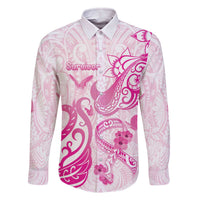 Personalised Breast Cancer Awareness Family Matching Off The Shoulder Long Sleeve Dress and Hawaiian Shirt Ribbon Polynesian Pattern White Version