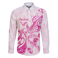 Personalised Breast Cancer Awareness Family Matching Off Shoulder Maxi Dress and Hawaiian Shirt Ribbon Polynesian Pattern White Version LT05 Dad's Shirt - Long Sleeve White - Polynesian Pride