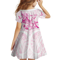 Personalised Breast Cancer Awareness Family Matching Short Sleeve Bodycon Dress and Hawaiian Shirt Ribbon Polynesian Pattern White Version