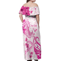 Personalised Breast Cancer Awareness Off Shoulder Maxi Dress Ribbon Polynesian Pattern White Version LT05 - Polynesian Pride