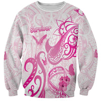 Personalised Breast Cancer Awareness Sweatshirt Ribbon Polynesian Pattern White Version LT05 Unisex White - Polynesian Pride
