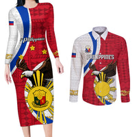 Personalized Philippines Couples Matching Long Sleeve Bodycon Dress and Long Sleeve Button Shirts The Eight-Rayed Sun Bald Eagle Polynesian Pattern LT05 Red - Polynesian Pride