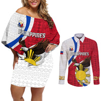 Personalized Philippines Couples Matching Off Shoulder Short Dress and Long Sleeve Button Shirts The Eight-Rayed Sun Bald Eagle Polynesian Pattern LT05 Red - Polynesian Pride