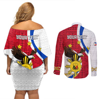 Personalized Philippines Couples Matching Off Shoulder Short Dress and Long Sleeve Button Shirts The Eight-Rayed Sun Bald Eagle Polynesian Pattern LT05 - Polynesian Pride