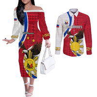 Personalized Philippines Couples Matching Off The Shoulder Long Sleeve Dress and Long Sleeve Button Shirts The Eight-Rayed Sun Bald Eagle Polynesian Pattern LT05 Red - Polynesian Pride