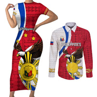 Personalized Philippines Couples Matching Short Sleeve Bodycon Dress and Long Sleeve Button Shirts The Eight-Rayed Sun Bald Eagle Polynesian Pattern LT05 Red - Polynesian Pride