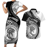 Go Fishing Couples Matching Short Sleeve Bodycon Dress and Hawaiian Shirt Polynesian Pattern LT05 Black - Polynesian Pride