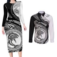 Personalized Go Fishing Couples Matching Long Sleeve Bodycon Dress and Long Sleeve Button Shirts Polynesian Pattern LT05 Black - Polynesian Pride