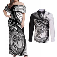 Personalized Go Fishing Couples Matching Off Shoulder Maxi Dress and Long Sleeve Button Shirts Polynesian Pattern LT05 Black - Polynesian Pride
