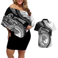 Personalized Go Fishing Couples Matching Off Shoulder Short Dress and Hawaiian Shirt Polynesian Pattern LT05 Black - Polynesian Pride
