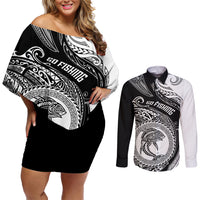 Personalized Go Fishing Couples Matching Off Shoulder Short Dress and Long Sleeve Button Shirts Polynesian Pattern LT05 Black - Polynesian Pride