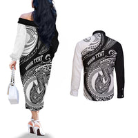 Personalized Go Fishing Couples Matching Off The Shoulder Long Sleeve Dress and Long Sleeve Button Shirts Polynesian Pattern LT05 - Polynesian Pride