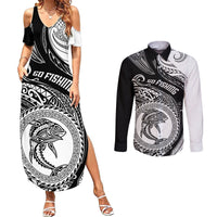 Personalized Go Fishing Couples Matching Summer Maxi Dress and Long Sleeve Button Shirts Polynesian Pattern LT05 Black - Polynesian Pride