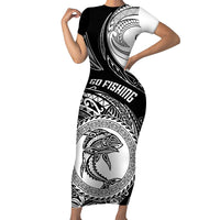 Personalized Go Fishing Family Matching Short Sleeve Bodycon Dress and Hawaiian Shirt Polynesian Pattern LT05 Mom's Dress Black - Polynesian Pride
