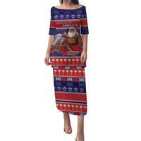 Samoa Christmas Puletasi Samoan Santa Claus Manuia Le Kerisimasi LT05 Long Dress Blue - Polynesian Pride