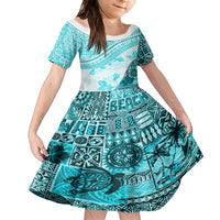 Hawaiian Tapa Kid Short Sleeve Dress Traditional Vintage Pattern Aqua LT05 KID Aqua - Polynesian Pride