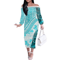 Hawaiian Tapa Off The Shoulder Long Sleeve Dress Traditional Vintage Pattern Aqua LT05 Women Aqua - Polynesian Pride
